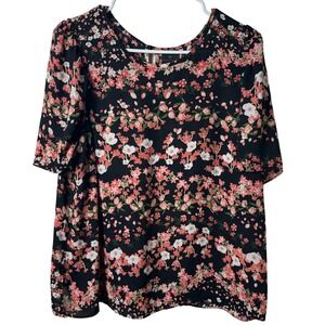 Worthington Blouse Womens XL Black Rose Pink‎ Floral Short Sleeve Career Top